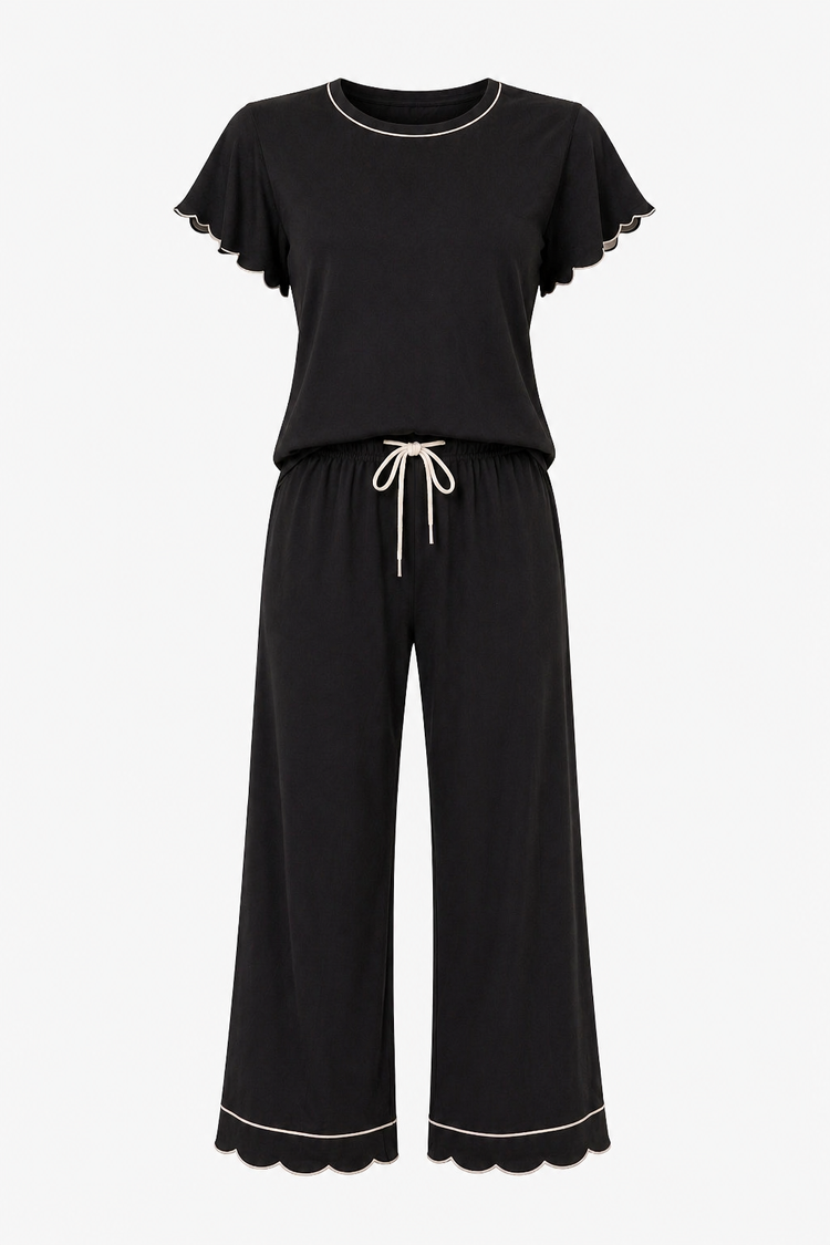 Rosewood silky PJ set in black with ivory piping – bamboo-modal sleepwear by PRIV the Brand