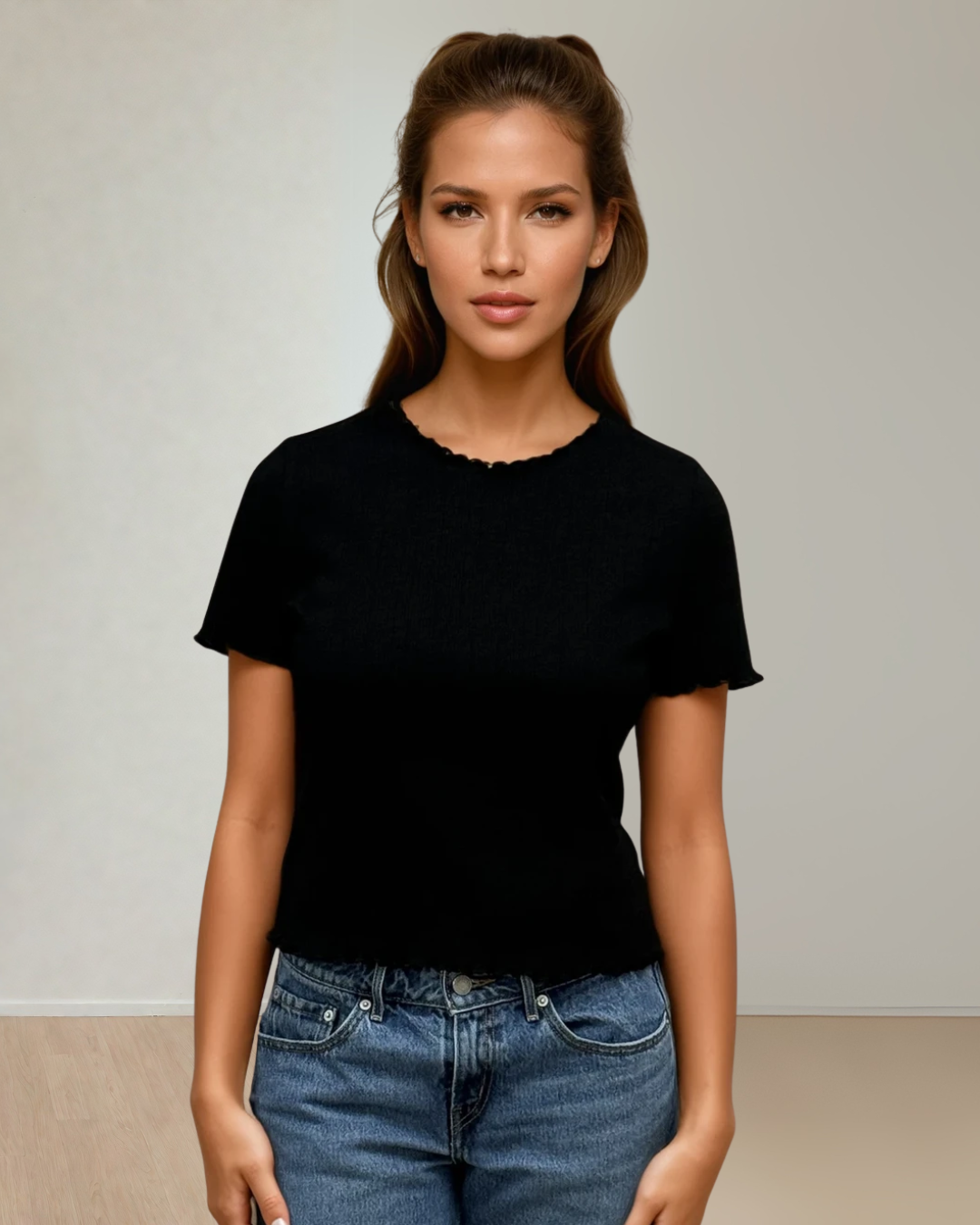Chrissy Ruffle Hem Tee – Ribbed Cotton Feminine T-Shirt Black