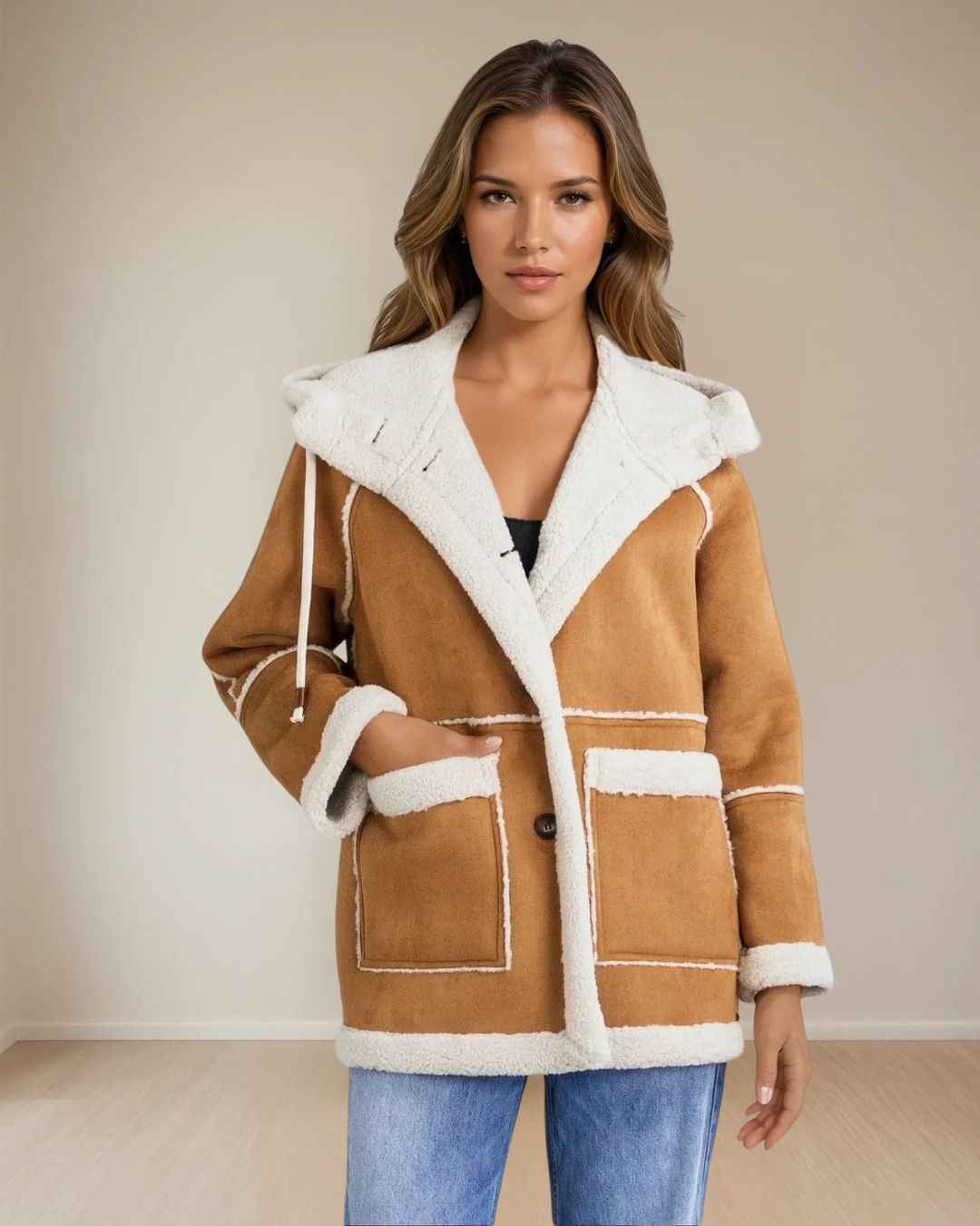 Daphne Button Down Hooded Coat in Camel