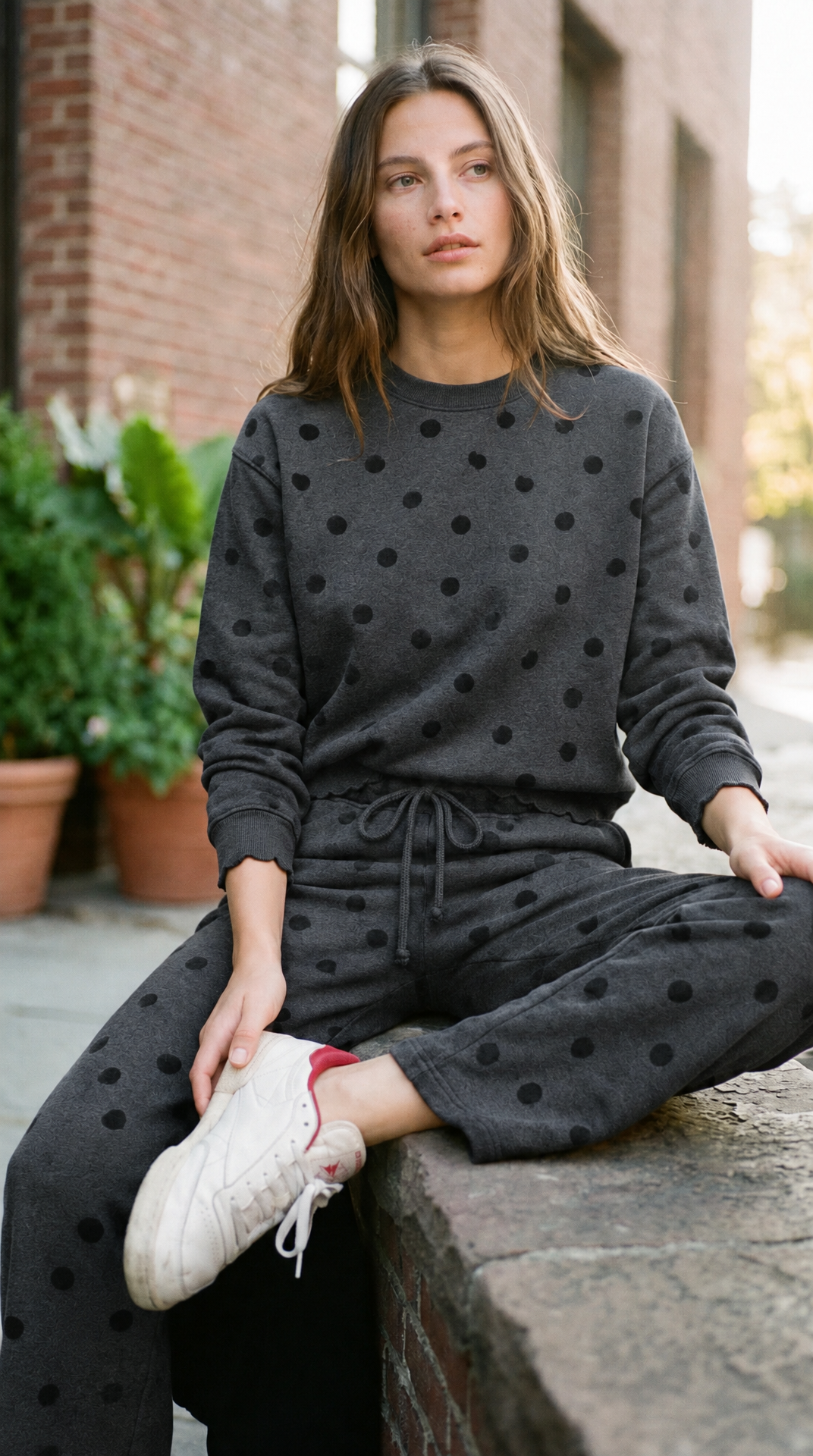 Dottie crew charcoal with black polka dots – front view – PRIV the Brand
