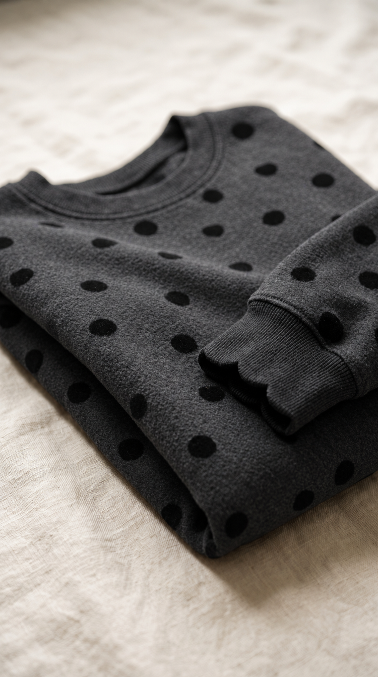 Dottie crew charcoal fleece with black polka dots – folded detail – PRIV the Brand