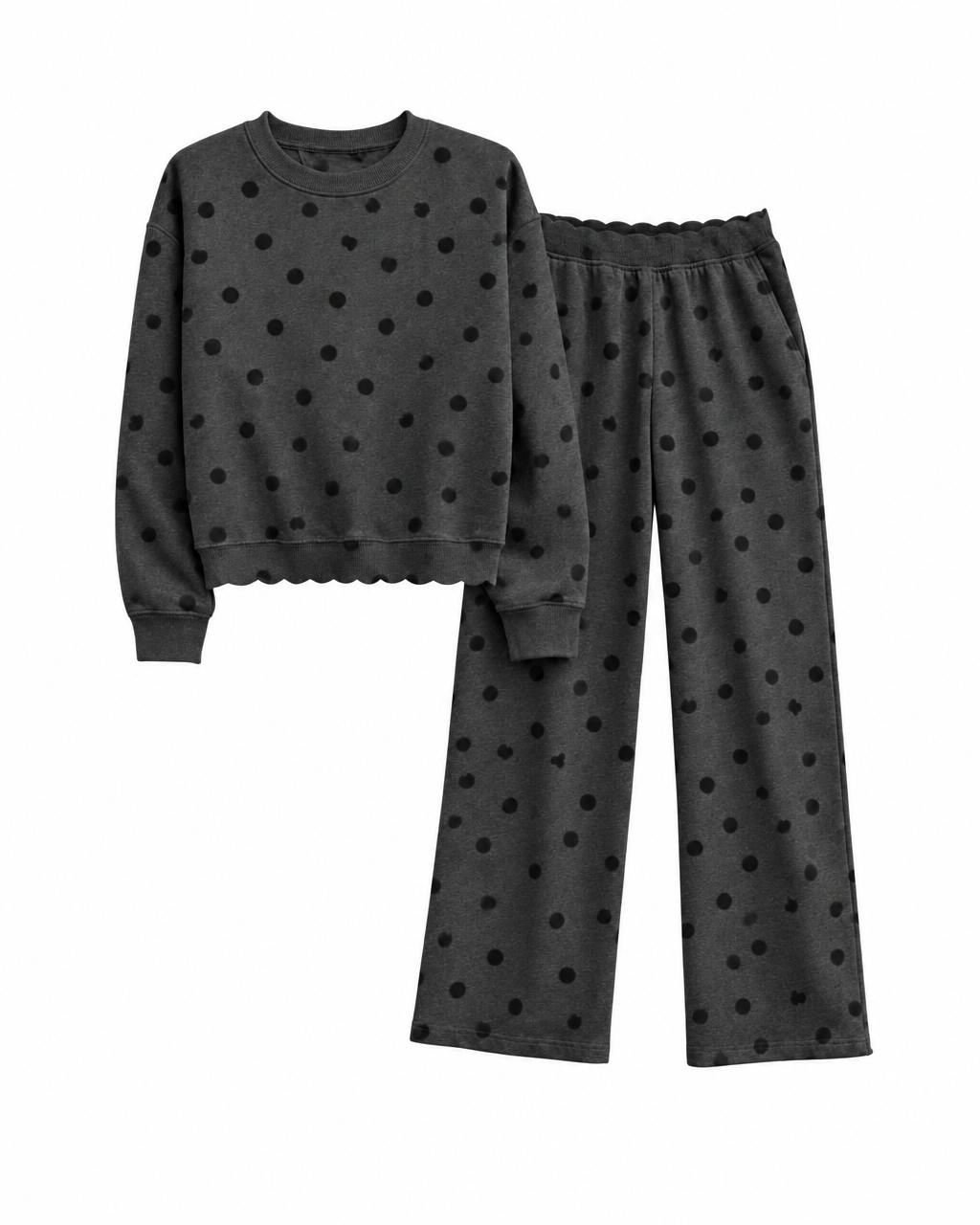 Dottie crew charcoal with black polka dots – flat lay – PRIV the Brand