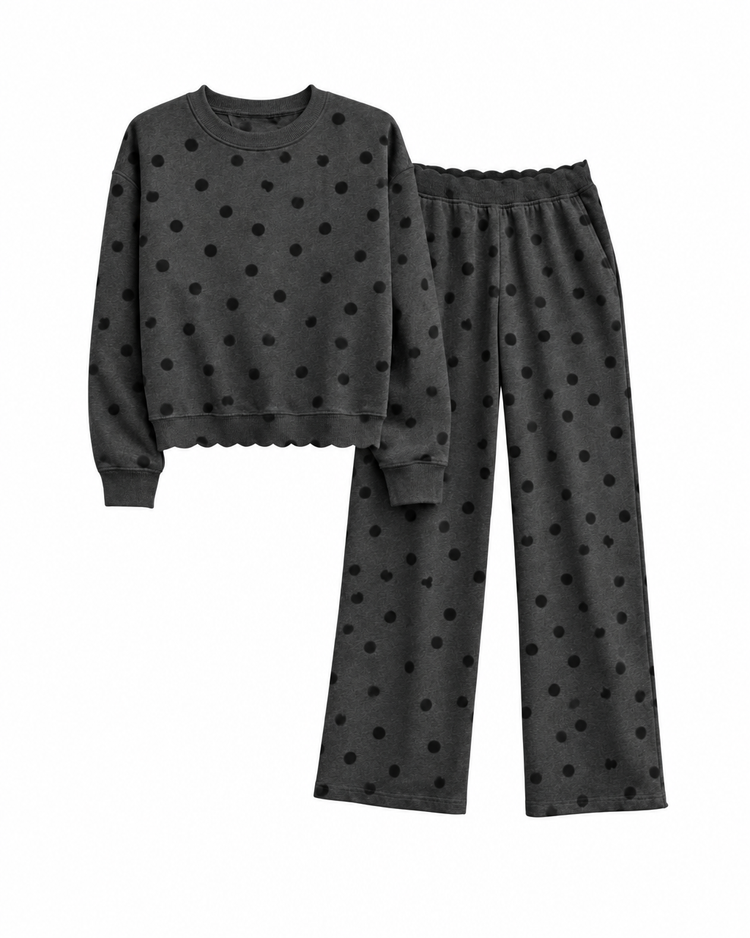 Dottie crew charcoal with black polka dots – flat lay – PRIV the Brand