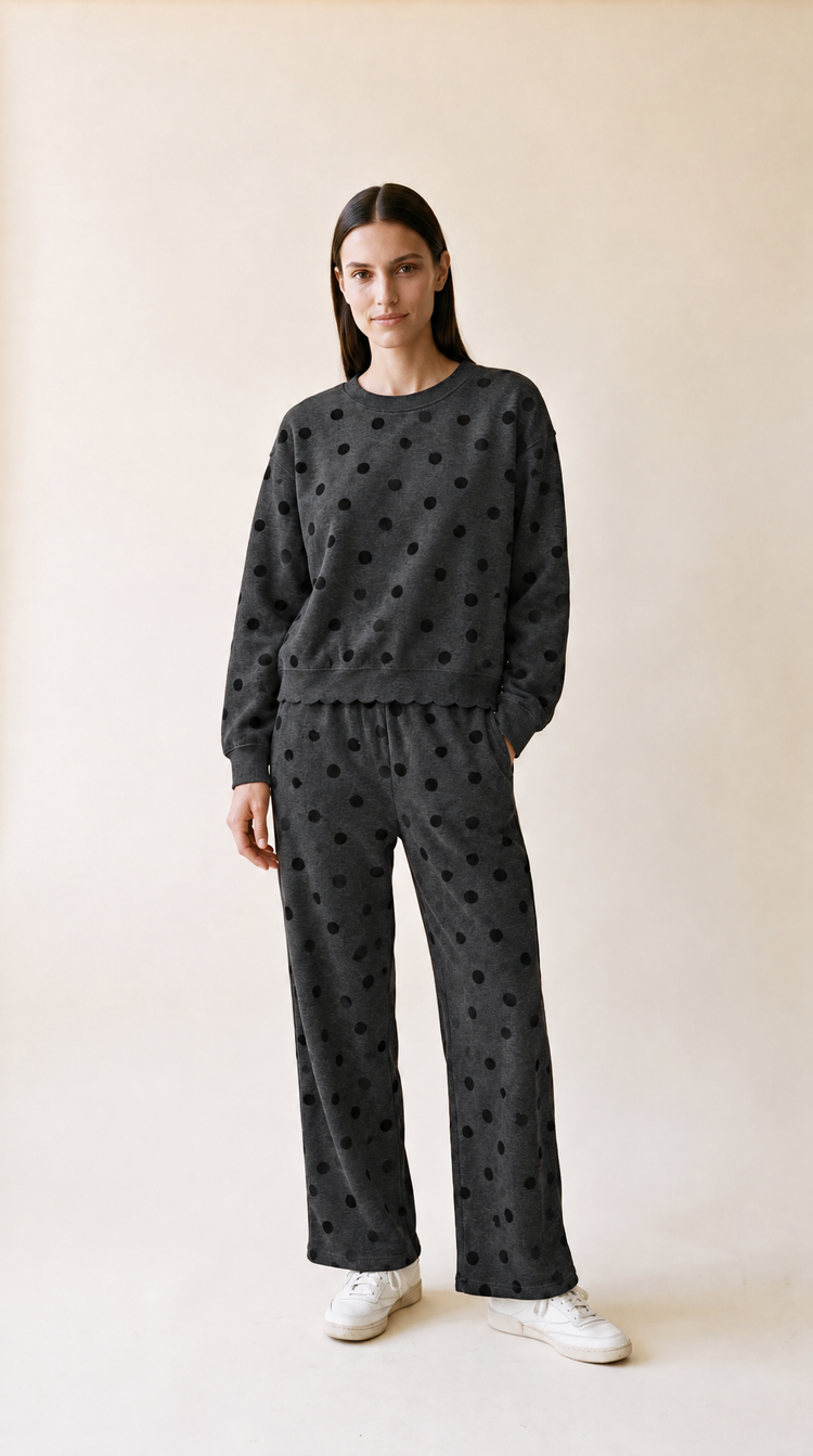 Dottie crew and jogger set – black polka dots on charcoal fleece – PRIV the Brand