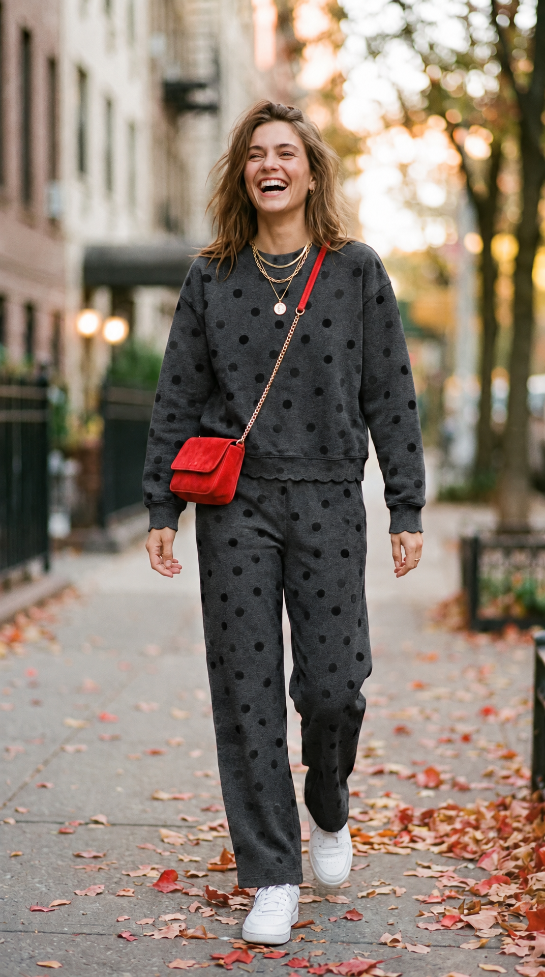 Dottie set charcoal with black polka dots – street style look – PRIV the Brand