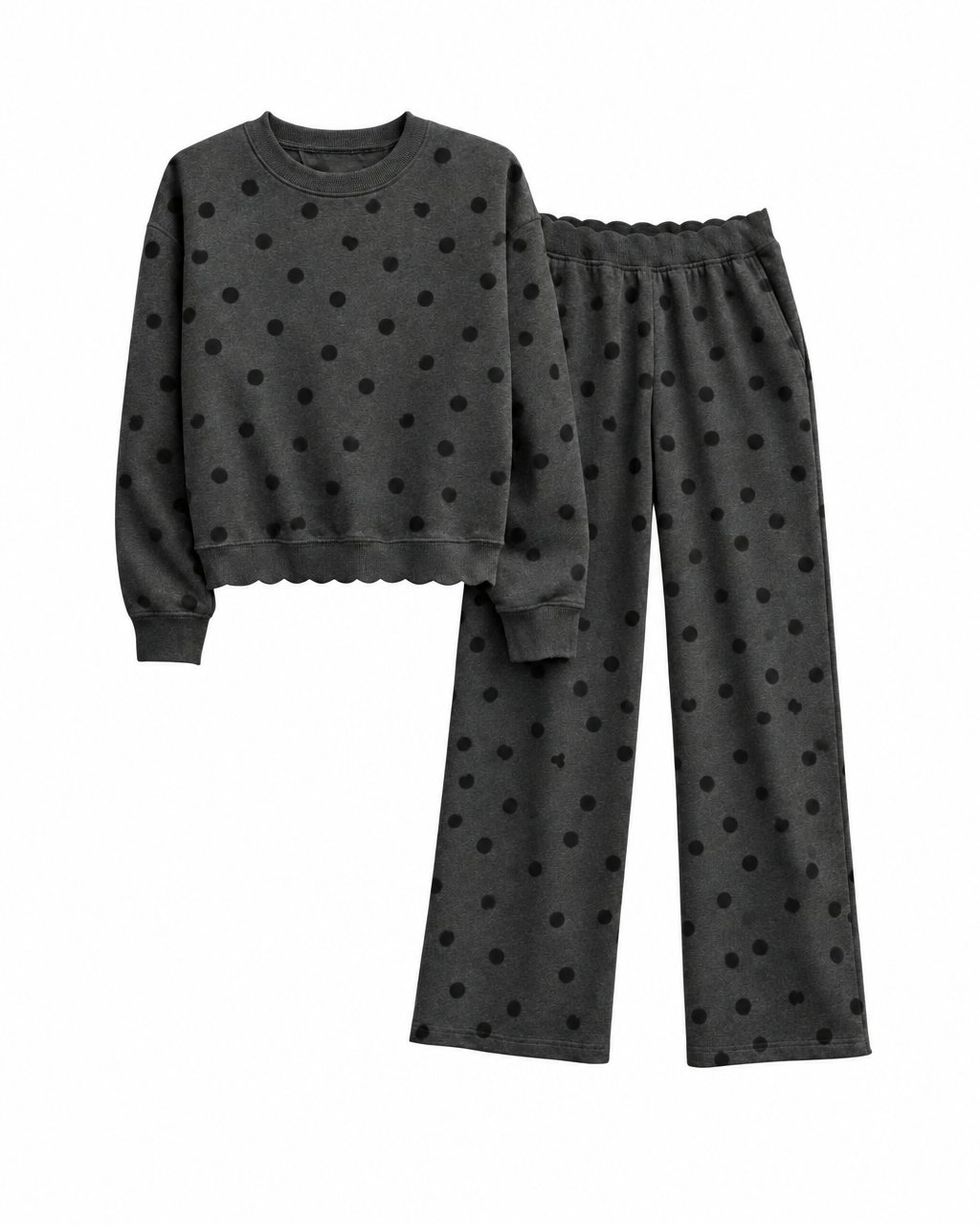Dottie jogger charcoal with black polka dots – flat lay – PRIV the Brand