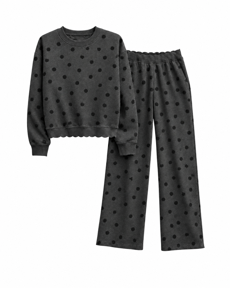 Dottie jogger charcoal with black polka dots – flat lay – PRIV the Brand
