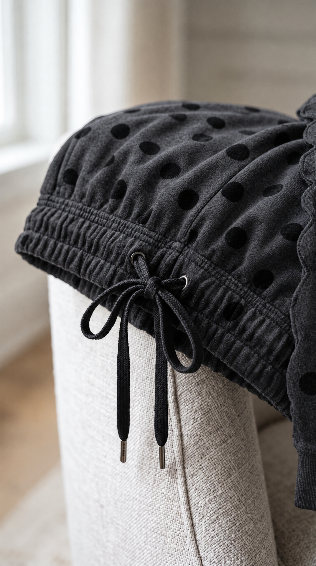 Dottie jogger charcoal with black polka dots – drawstring waist detail – PRIV the Brand