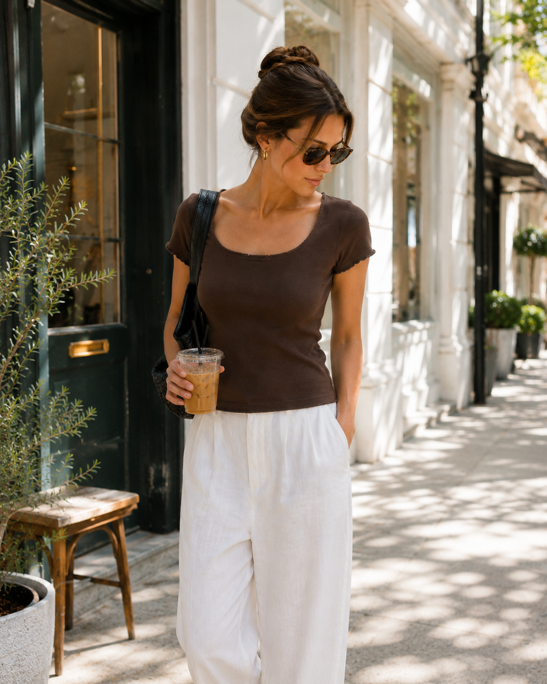 Emme – Square Neck Essential Cotton T-Shirt In Espresso