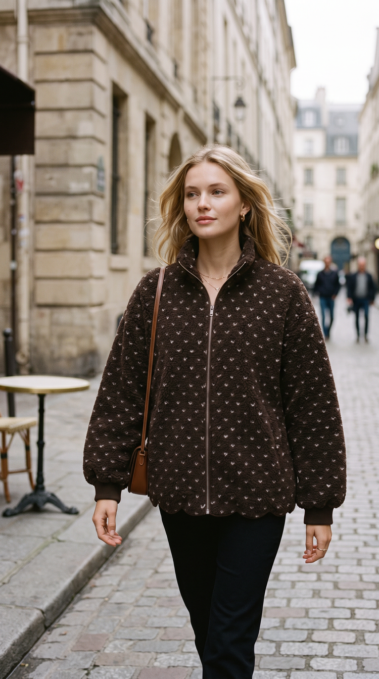 Eve scallop teddy coat espresso hearts – side view – PRIV the Brand