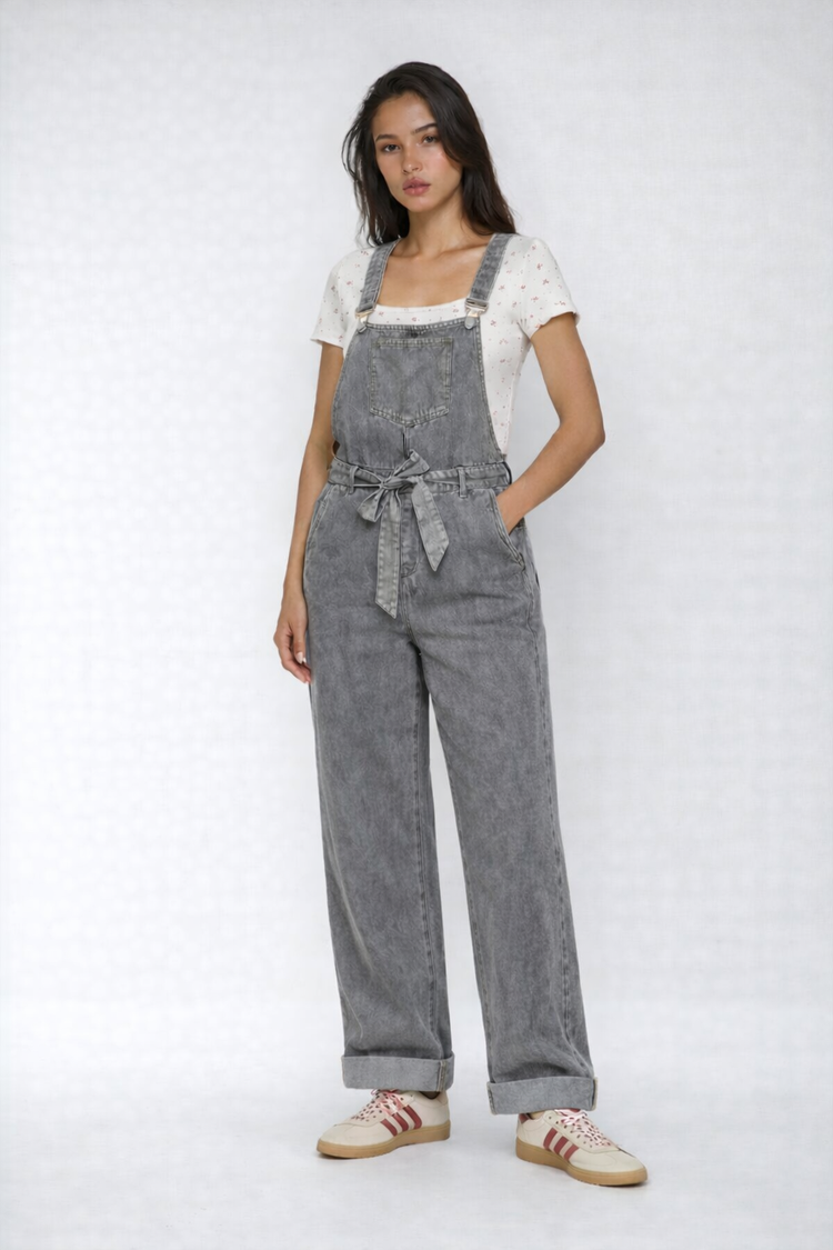 Wide leg grey denim overalls styled with Pippa tee in red print
