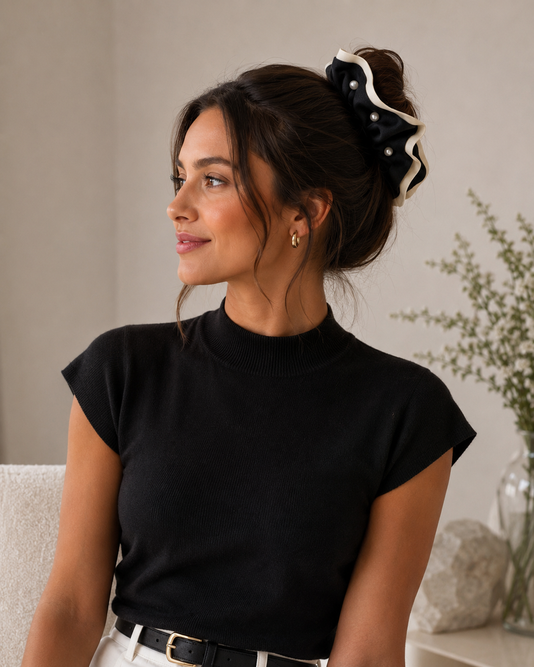 Pearl Edge Scrunchie Black/Ivory