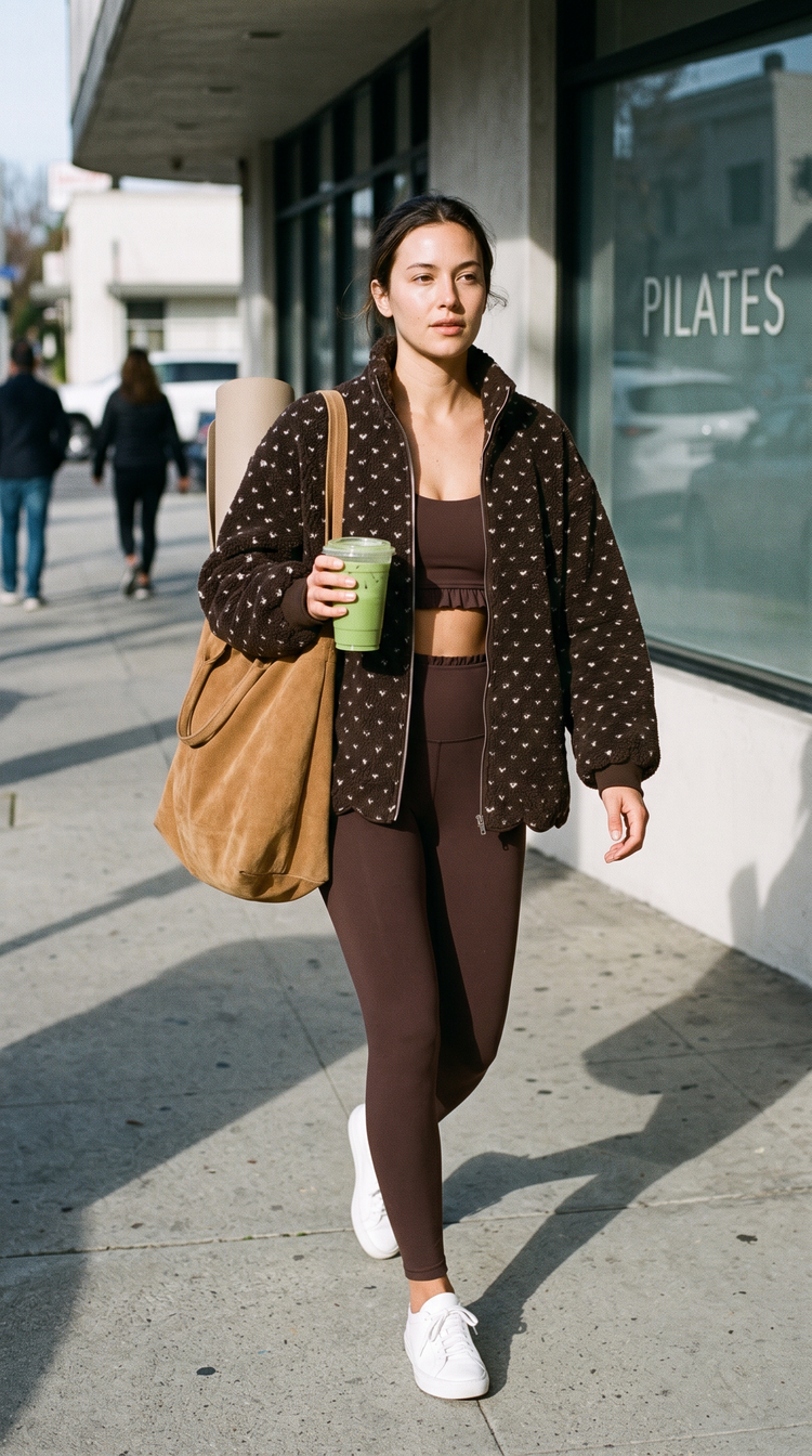 Eve scallop teddy coat espresso hearts – front view – PRIV the Brand