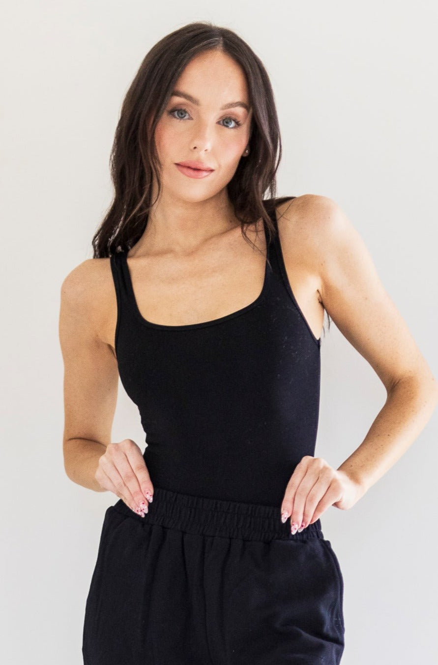 Hannah Square Neck Body Suit in Black