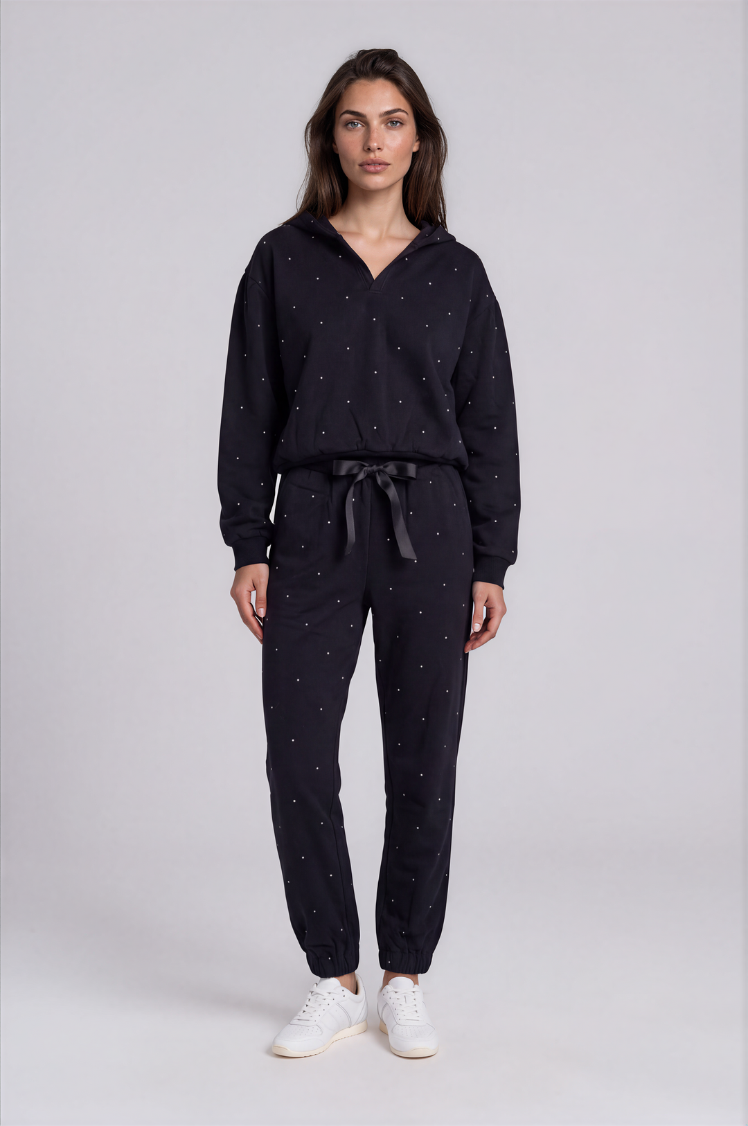 Noemie - Printed Fleece Hoodie In Black Dots