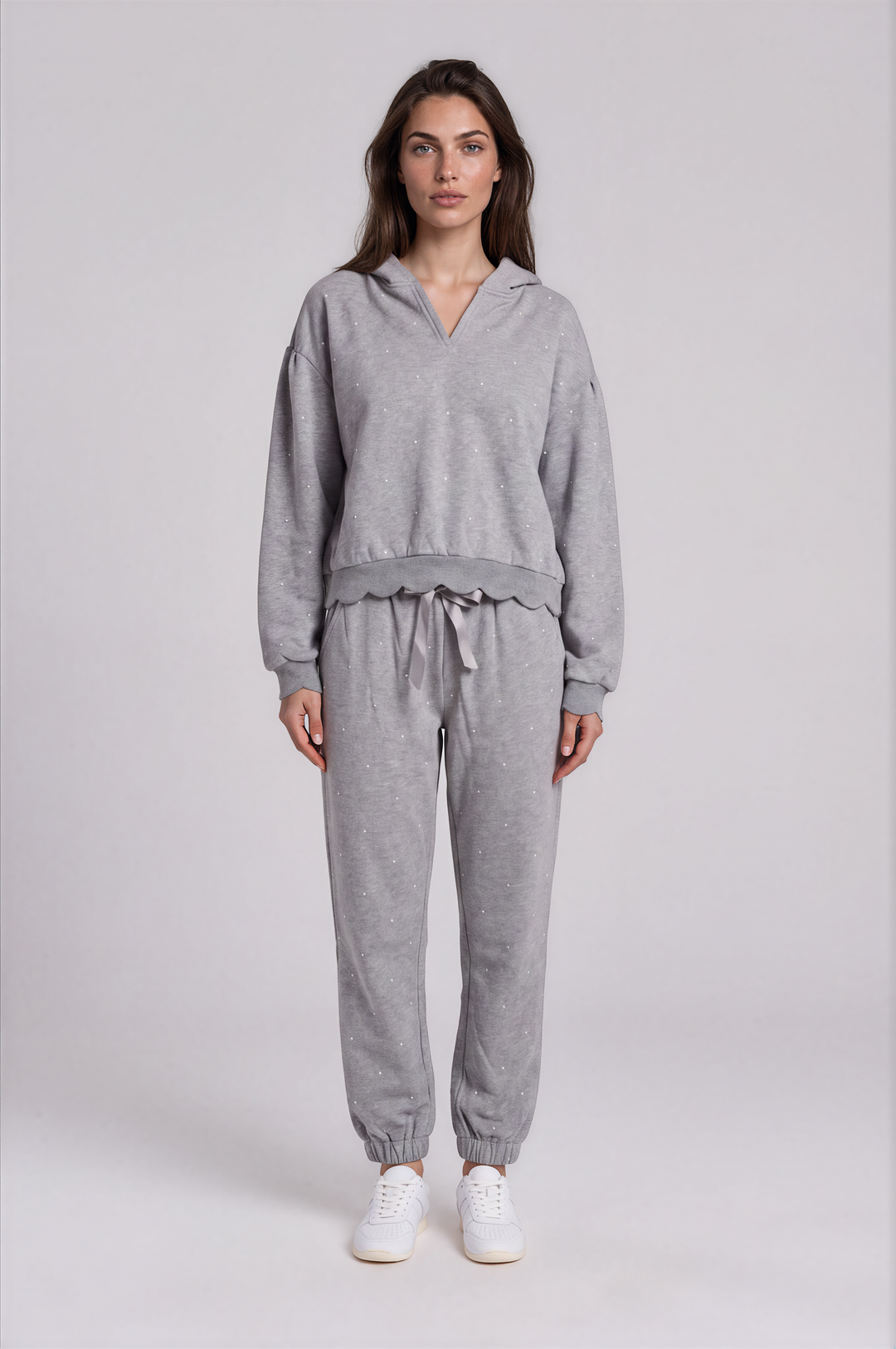 Noemie Hoodie - Printed Fleece Hoodie Grey Dots