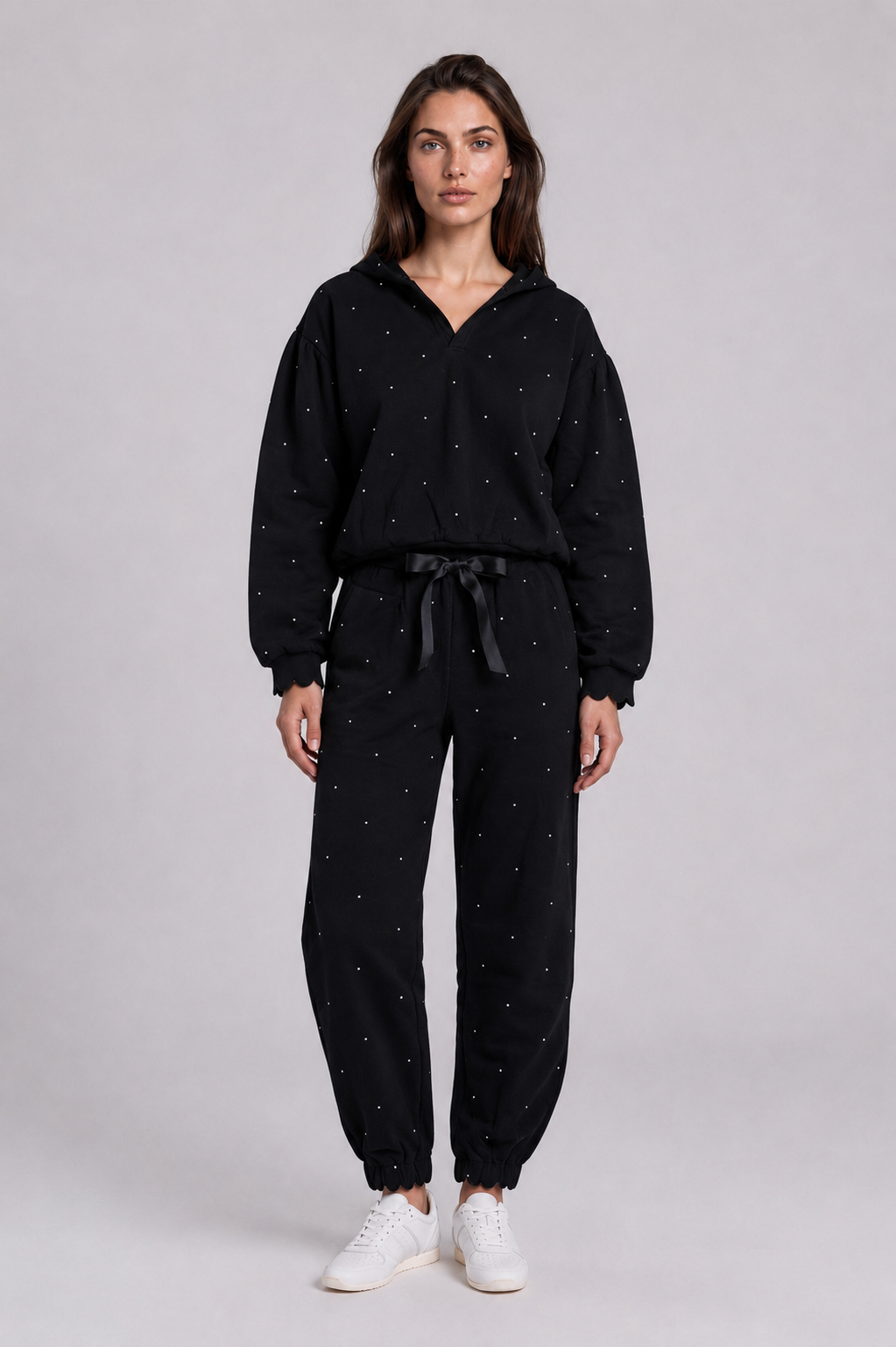 Noemie - Printed Fleece Hoodie In Black Dots