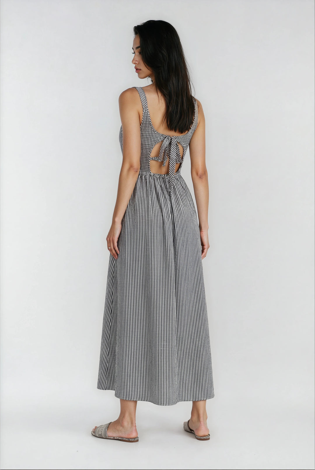 Tie-back detail on striped summer dress