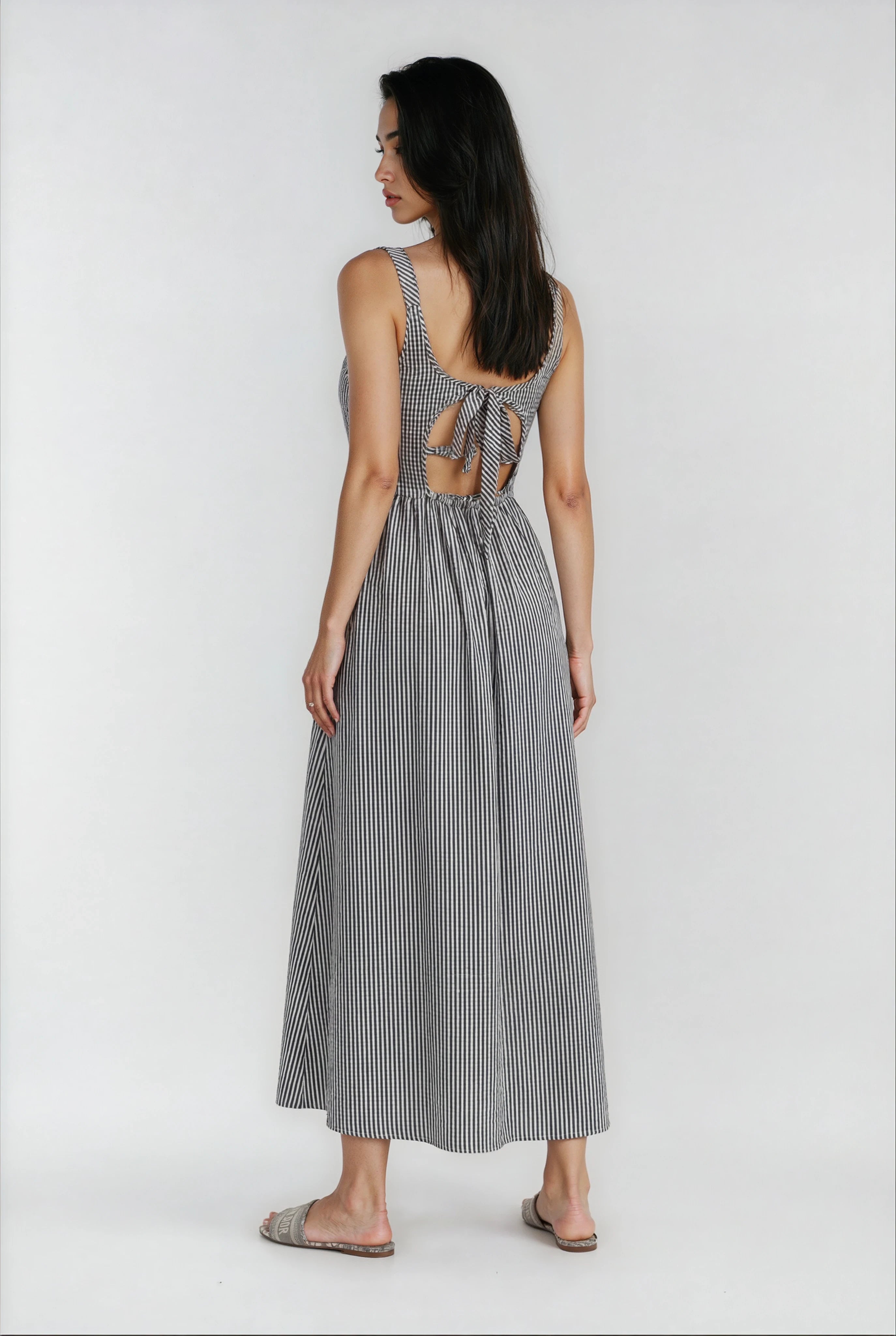 Tie-back detail on striped summer dress