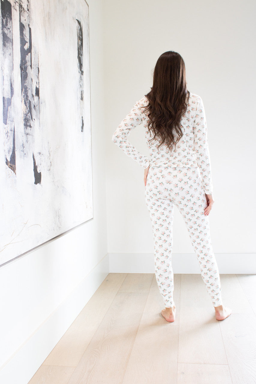 Our best-selling style in our sleepwear apparel collection, the Wildest Dreams Sleep Set is made from our luxurious and comfortable signature sleep fabric and finished in a feminine rose print.  The set features a long sleeve boxy pullover crew and tapered ankle length pant with an elasticated cinch waist. 

