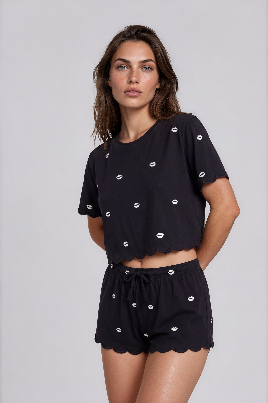 Daybreak Summer PJ Set – Scalloped Trim Pajama Set Black Kisses