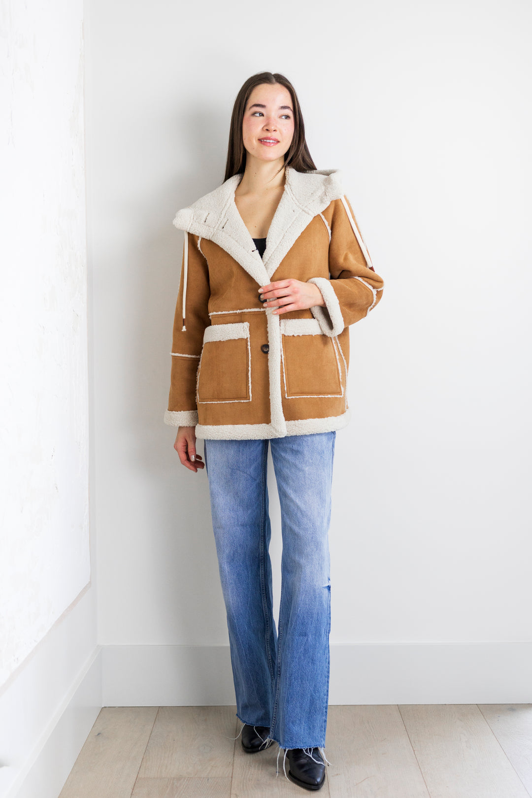 Daphne Button Down Hooded Coat in Camel