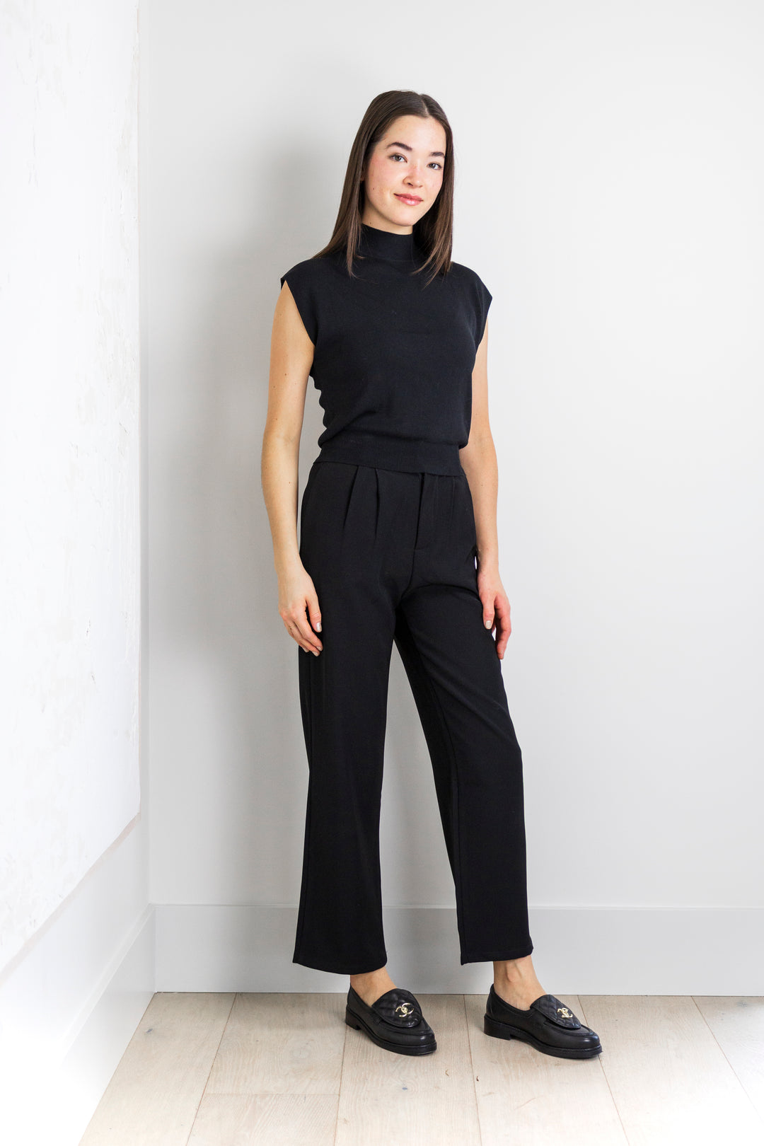 Mable Mock Neck Cap Sleeve Silky Knit in Black