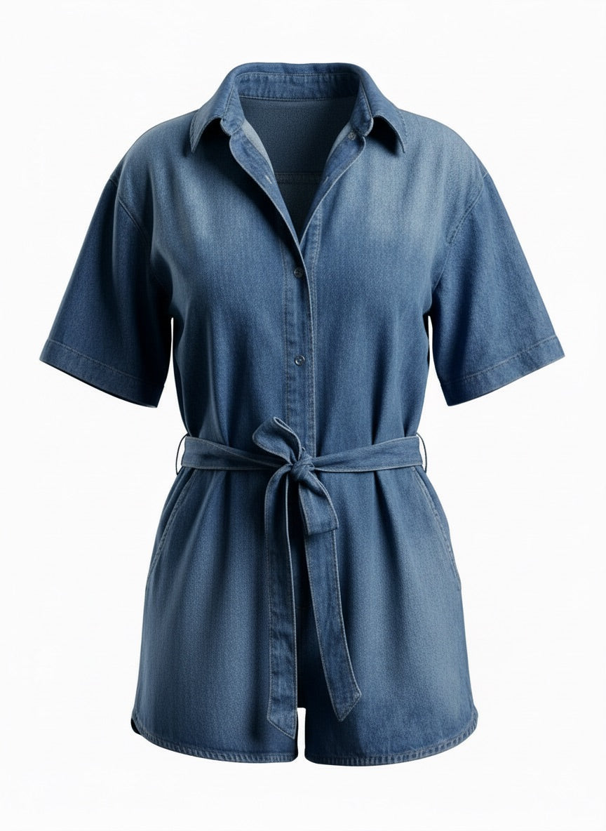 Callie – Belted Utility Short Sleeve Romper Denim