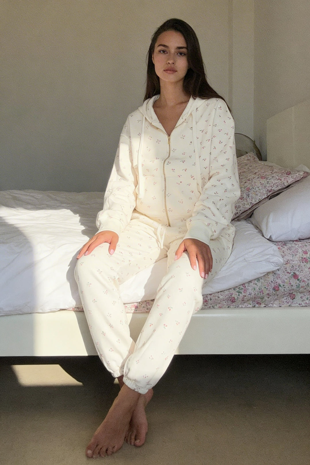 Camille – Cotton Signature Print Zip Hoodie & Jogger Leisure Set 2PC In Floral