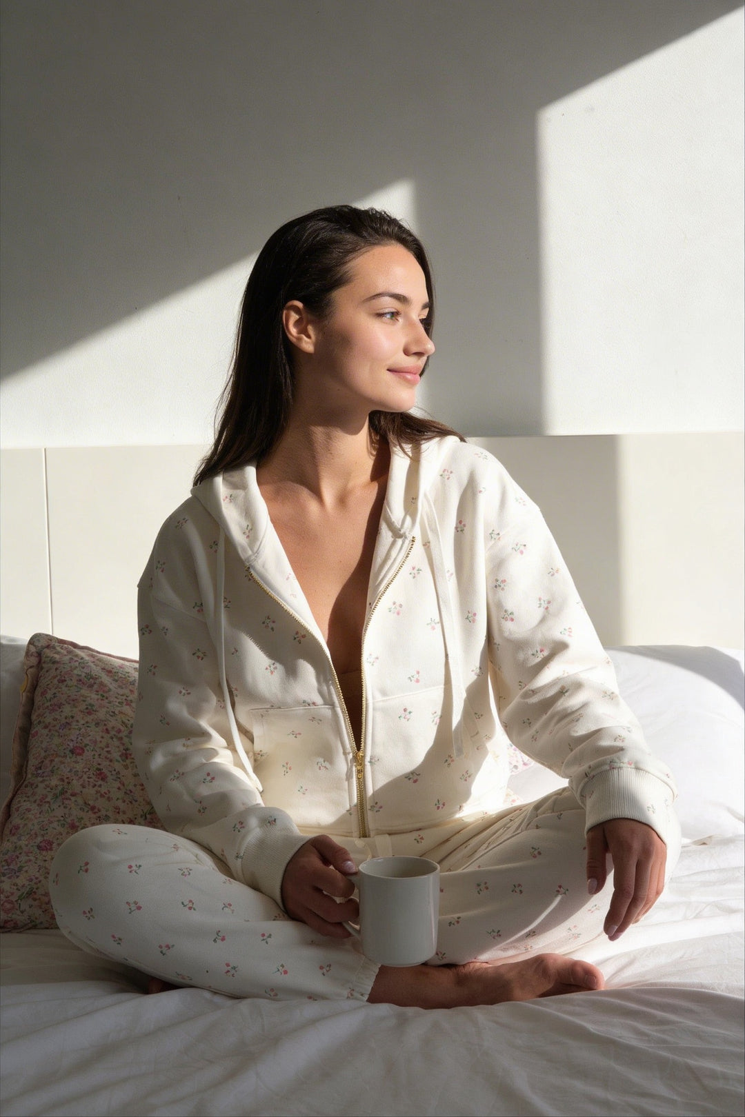 Camille – Cotton Signature Print Zip Hoodie & Jogger Leisure Set 2PC In Floral