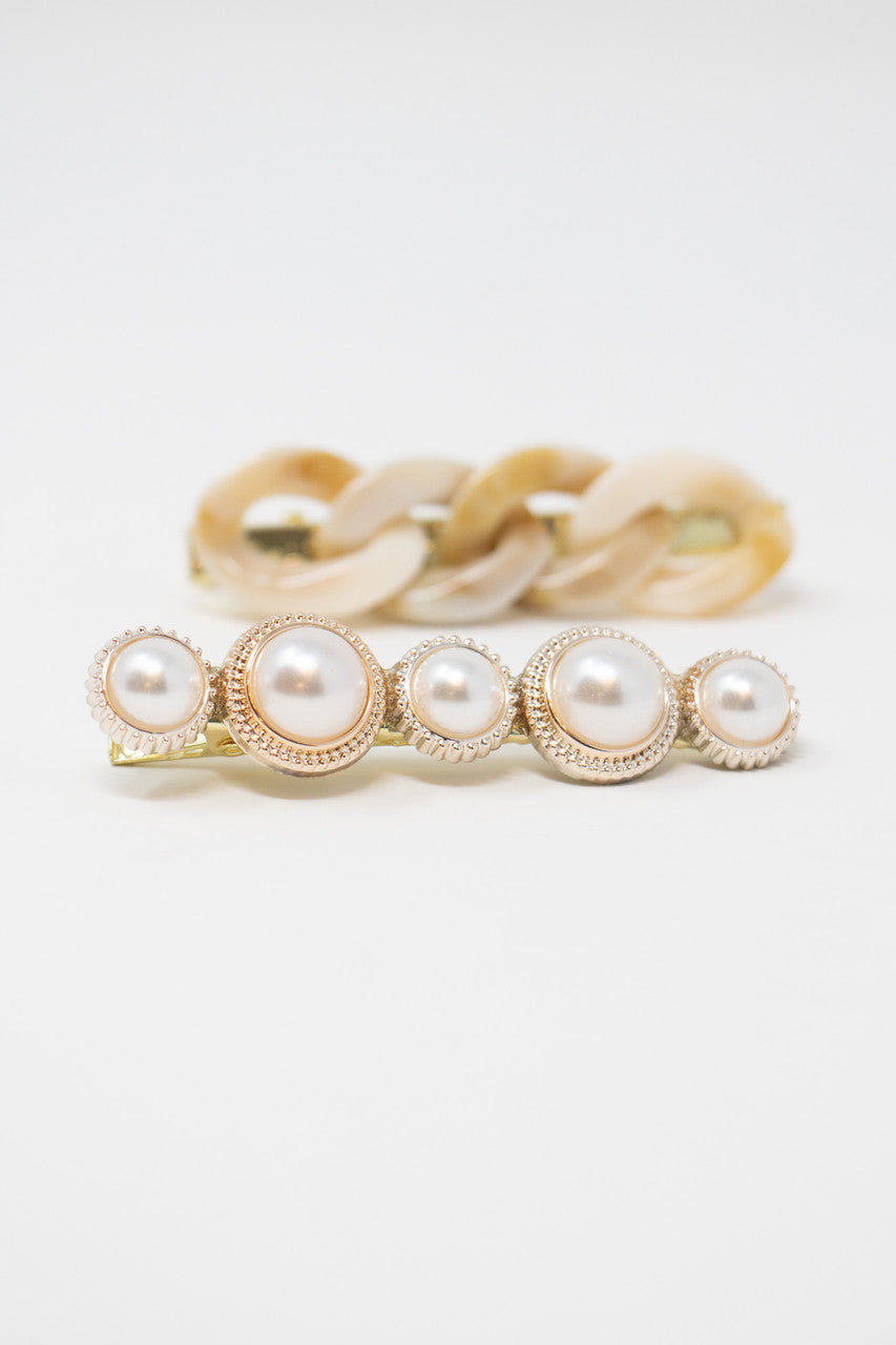 Noah Two Piece Hair Clip Set in Pearl Chain