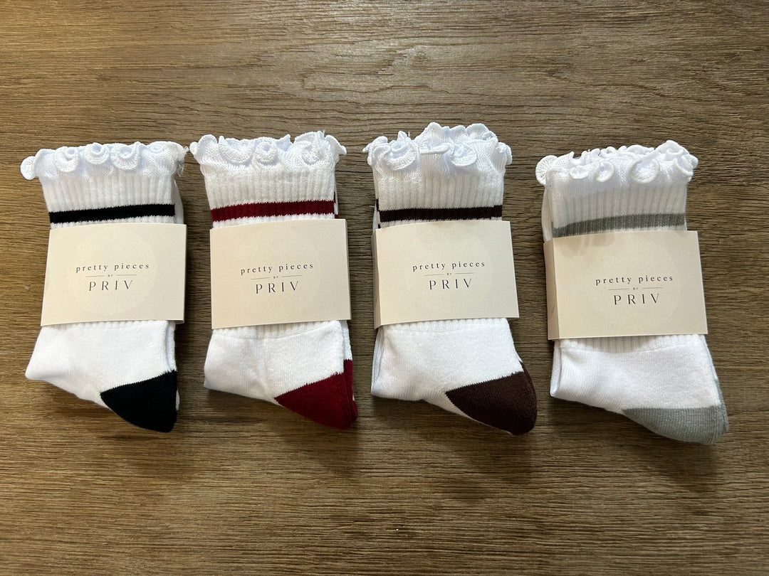 PRIV Stripe Ruffle Top Socks in Black, Wine, Espresso and Grey with pretty pieces by PRIV band