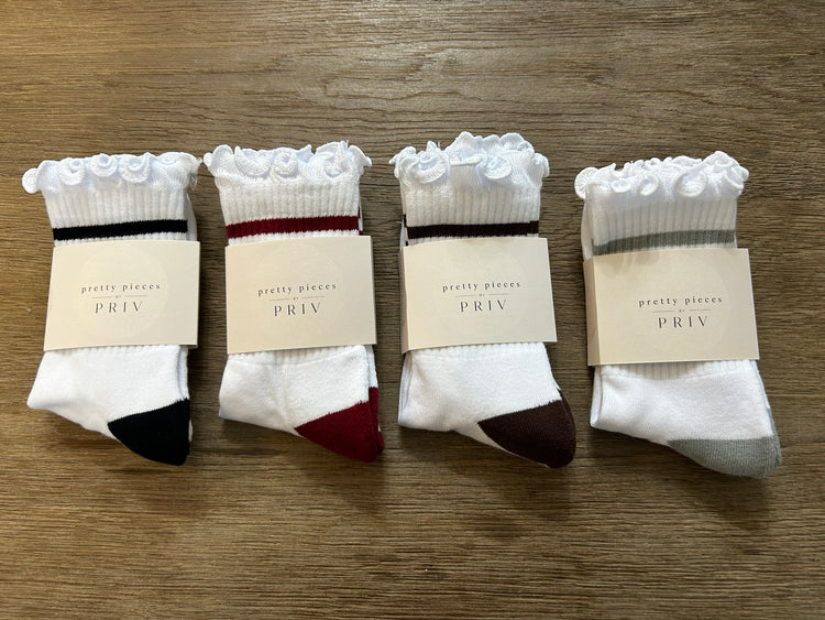 PRIV Stripe Ruffle Top Socks in Black, Wine, Espresso and Grey with pretty pieces by PRIV band