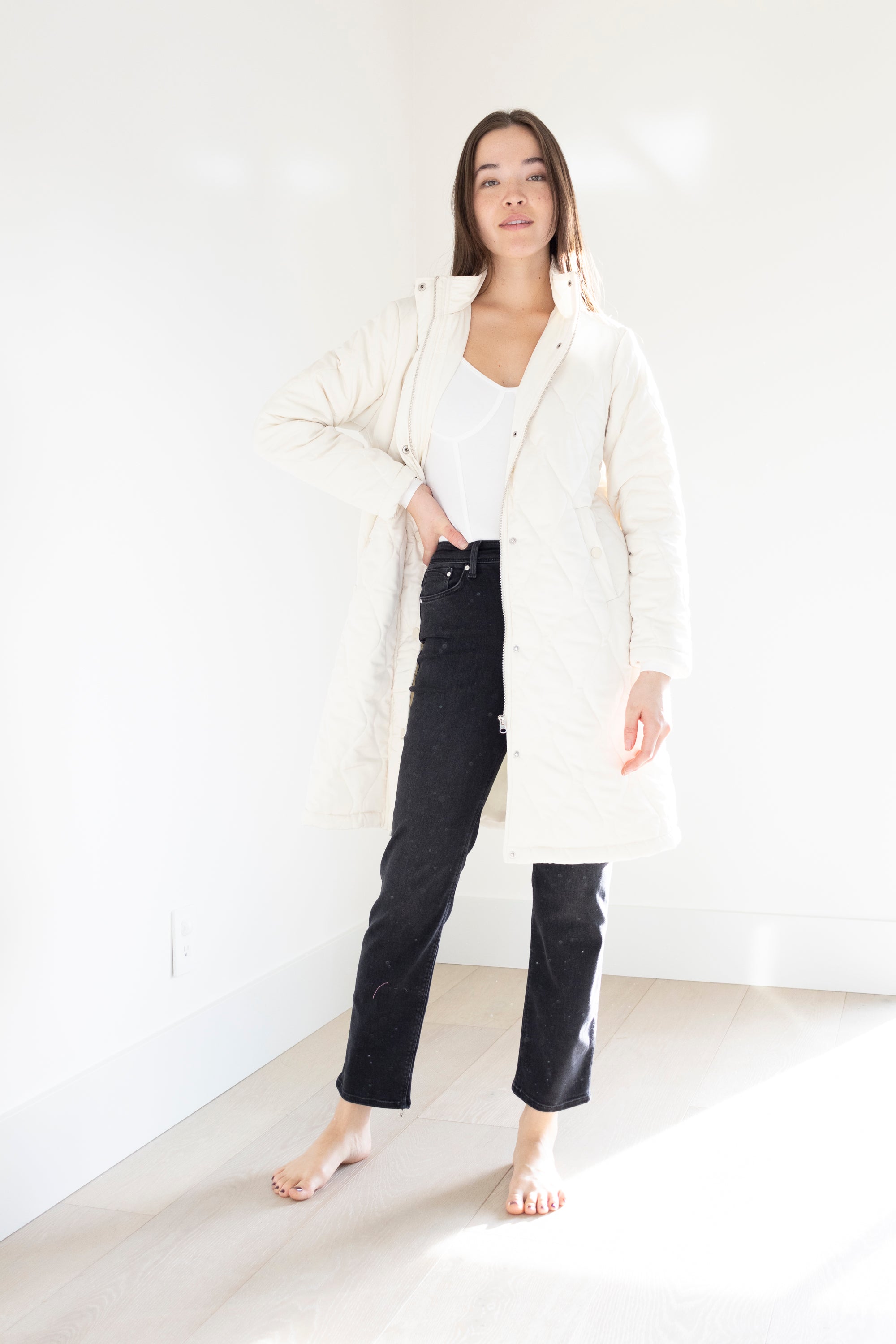 Cream quilted coat deals