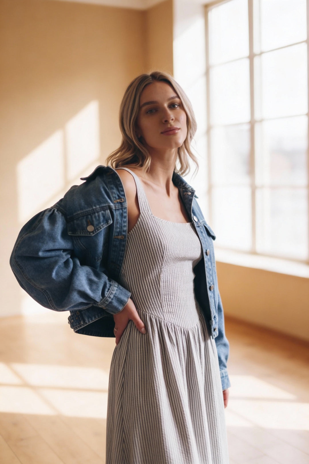 Woman wearing a denim jacket over a light dress in a sunlit room