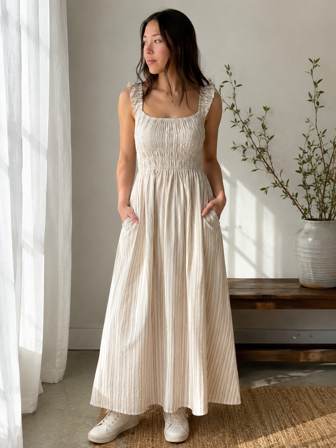 Liora – Ruched Empire Cap Sleeve Midi Dress In Stripes
