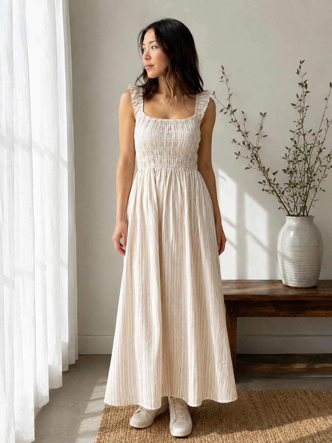 Liora – Ruched Empire Cap Sleeve Midi Dress In Stripes