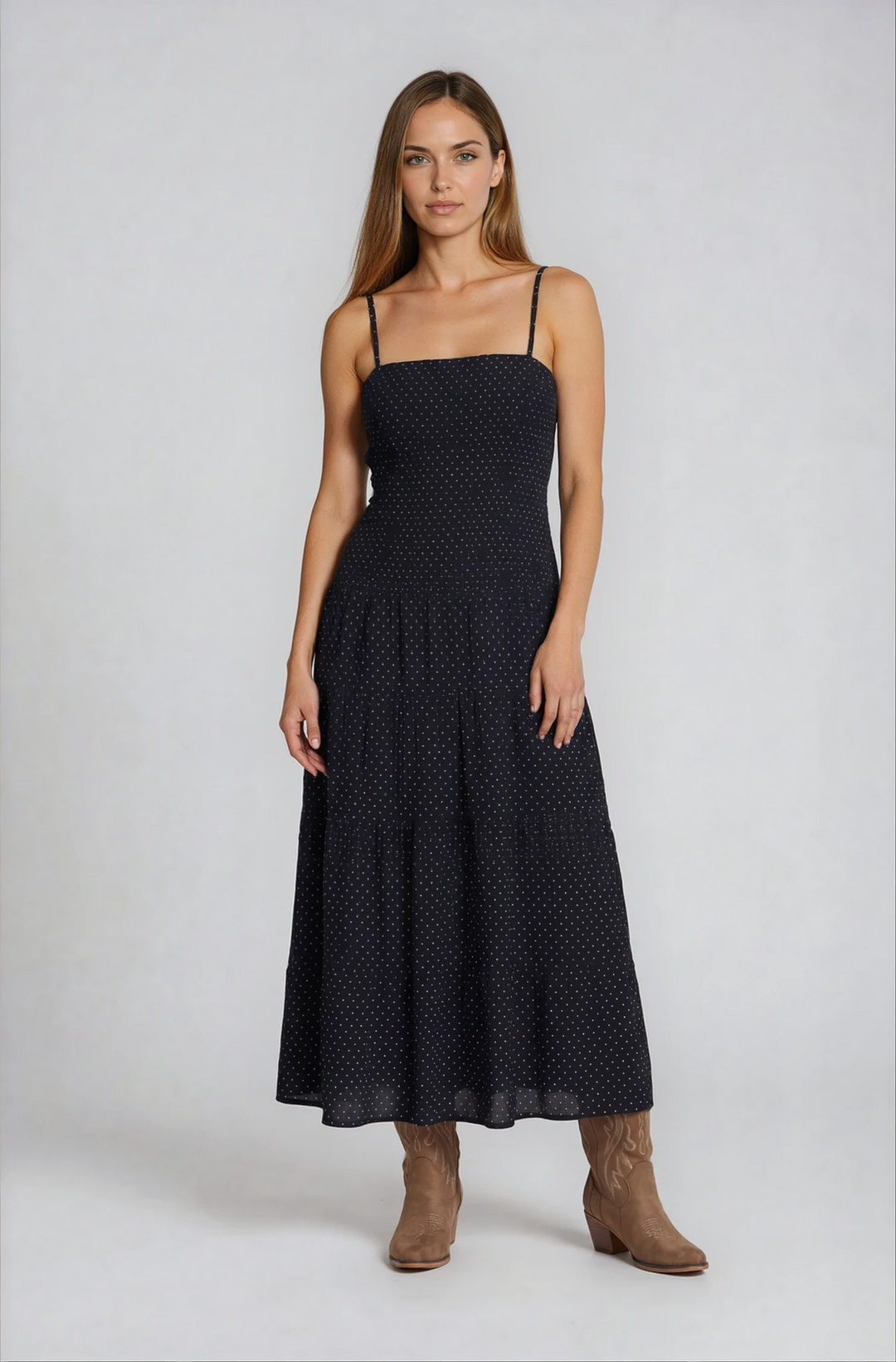 Loralee – Full Length Tiered Maxi Dress In Polkadots