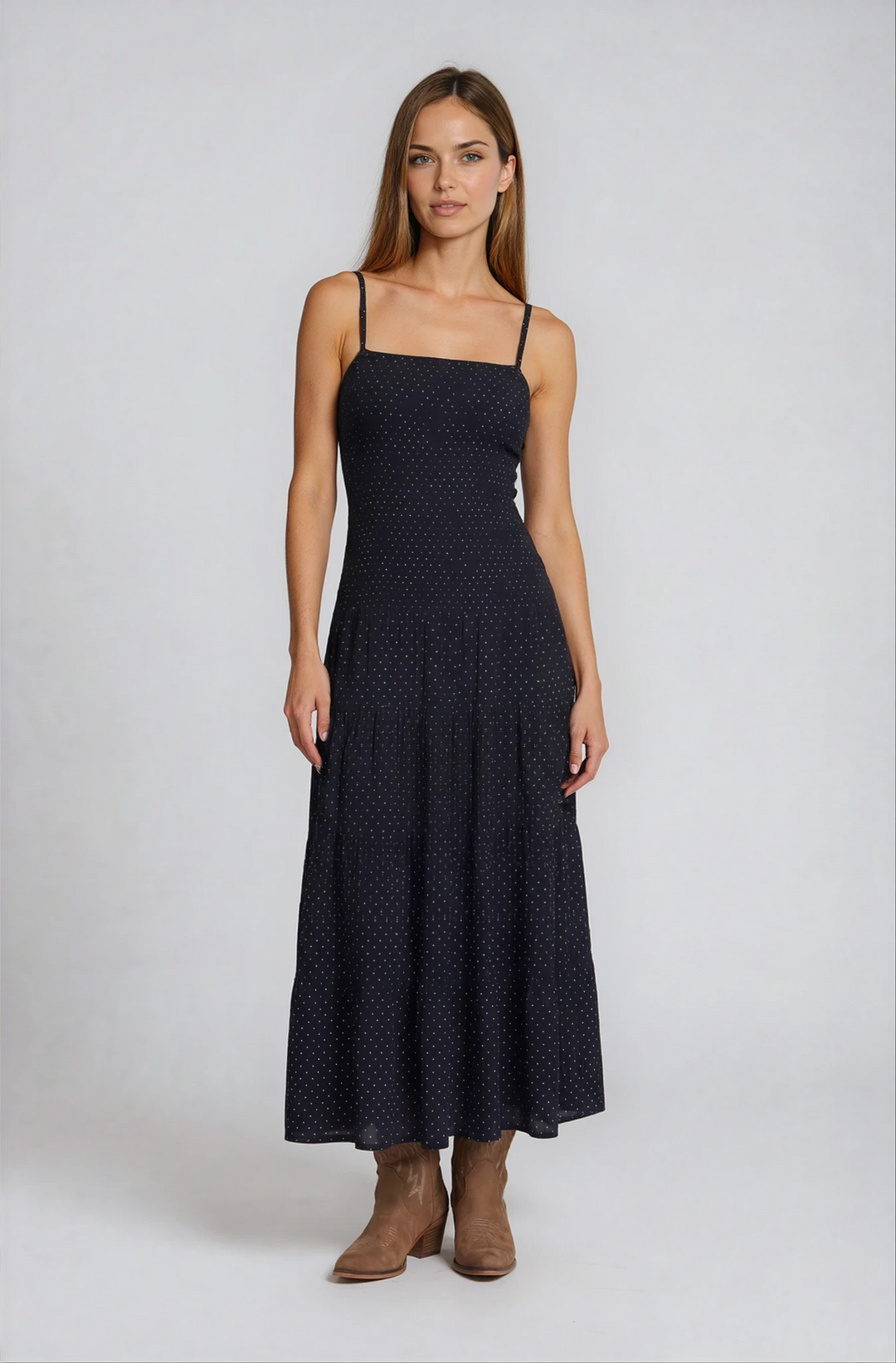 Loralee – Full Length Tiered Maxi Dress In Polkadots