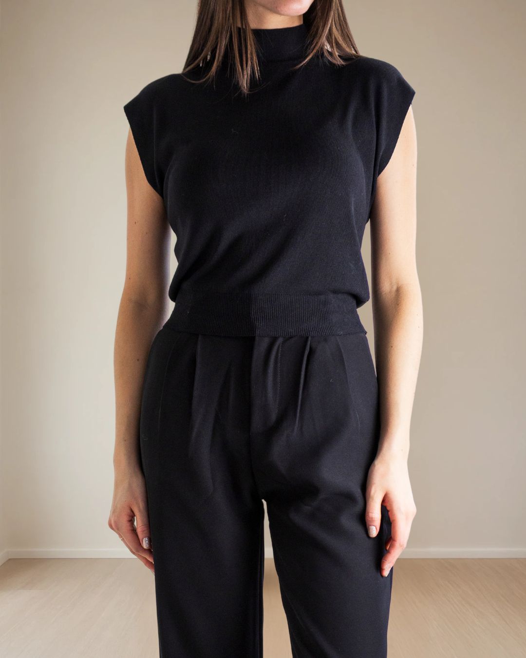 Mable Mock Neck Cap Sleeve Silky Knit in Black