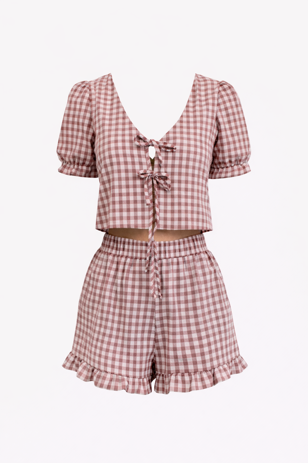 Minnie - Puff Sleeve Ruffle Hem Short Set 2PC Rosé Gingham