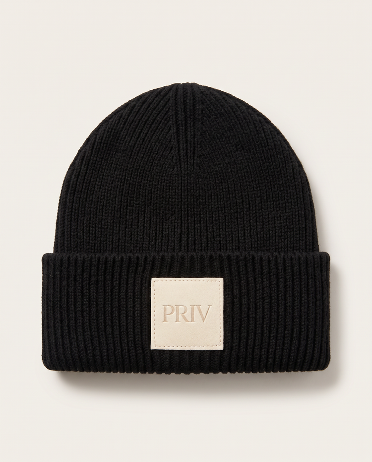 PRIV Moniker embroidered knit toque in black – signature beanie by PRIV the Brand