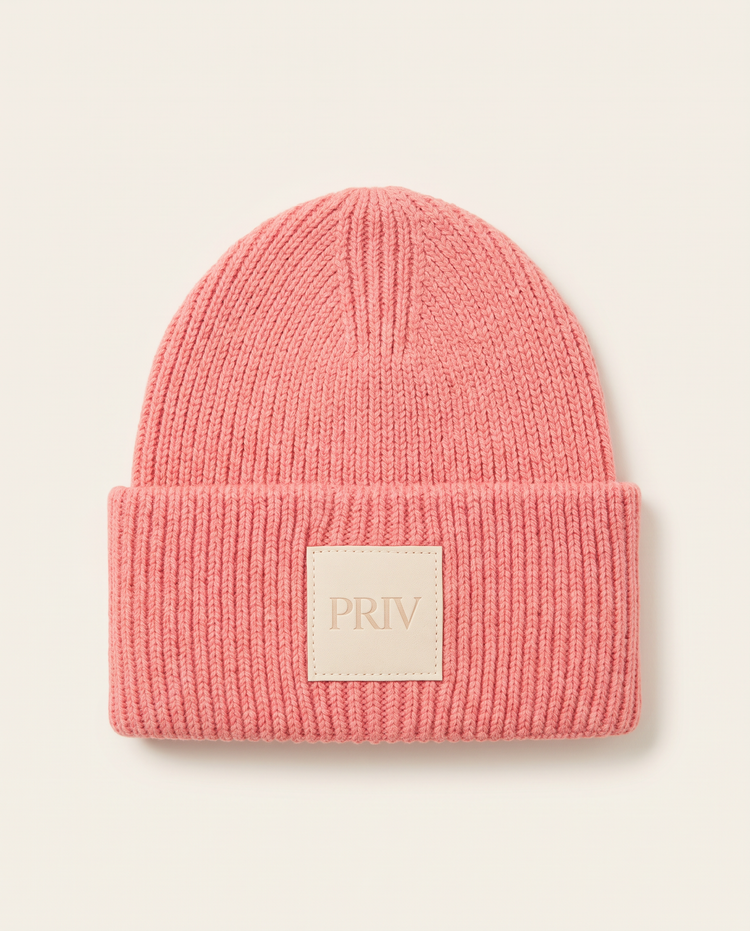 PRIV Moniker embroidered knit toque in blush – signature beanie by PRIV the Brand