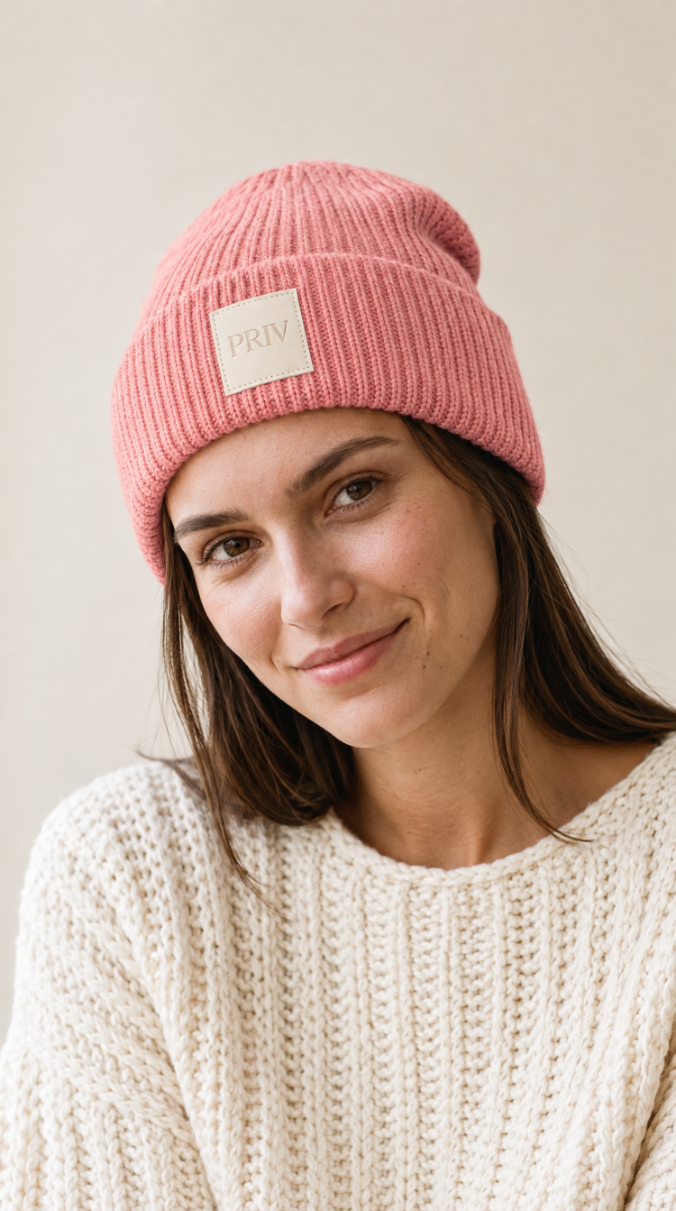 PRIV Moniker toque blush worn with Evianna knit sweater – PRIV the Brand