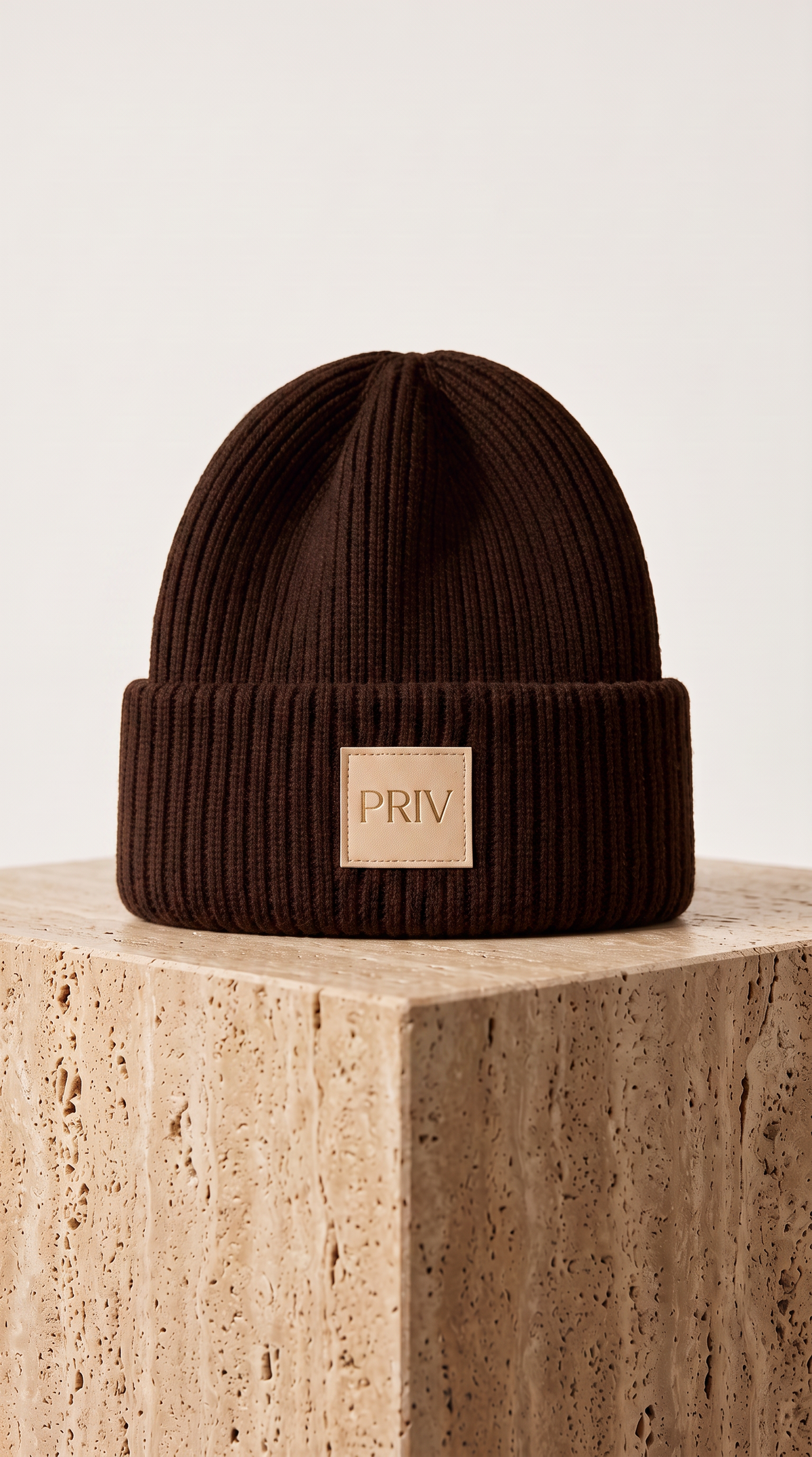 PRIV Moniker embroidered knit toque in espresso – signature beanie with cream leather patch by PRIV the Brand