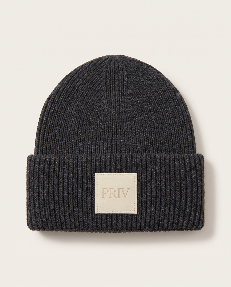PRIV Moniker embroidered knit toque in grey melange – signature beanie by PRIV the Brand