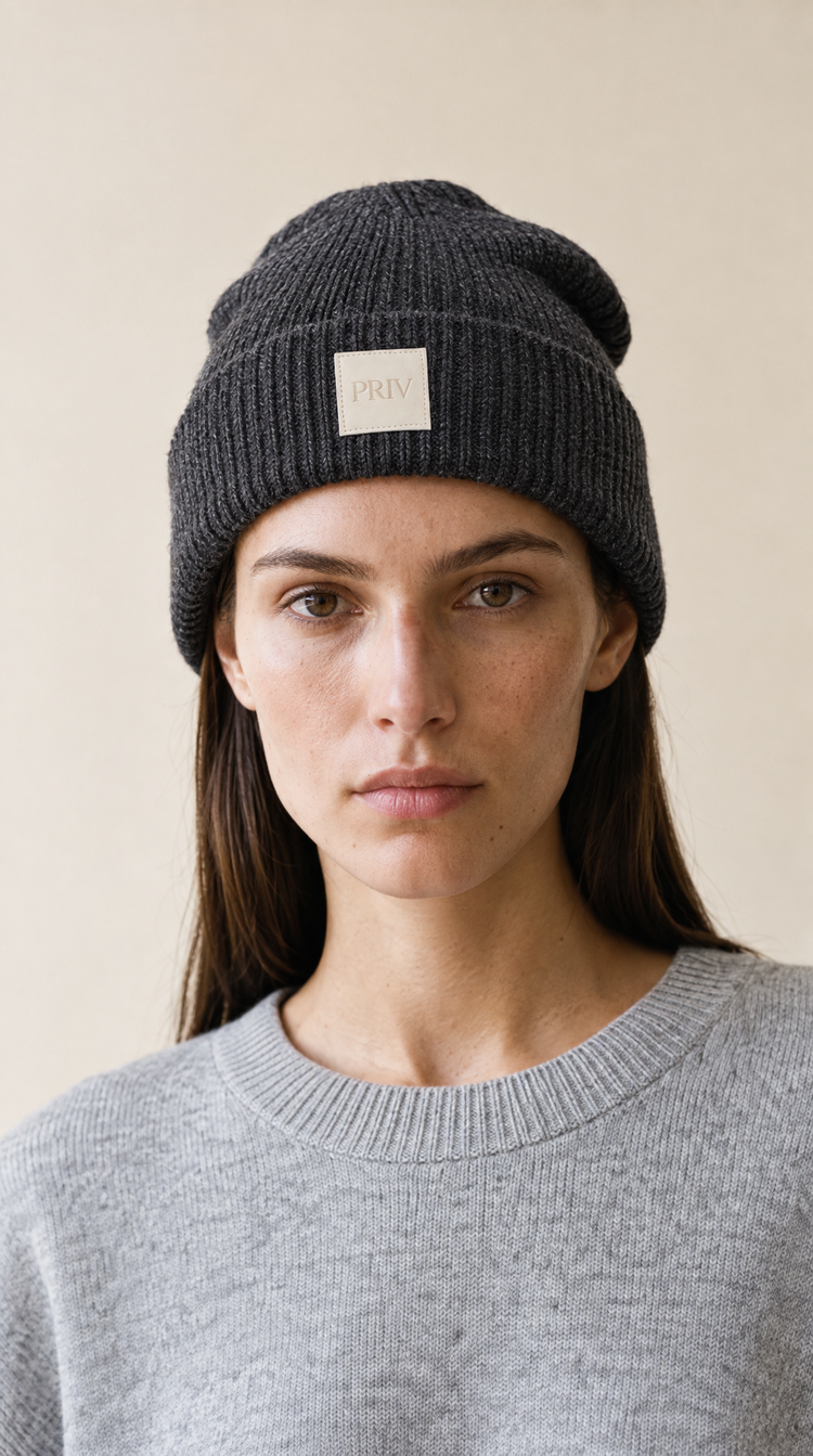 PRIV Moniker toque grey melange worn with Veda Slate knit – PRIV the Brand