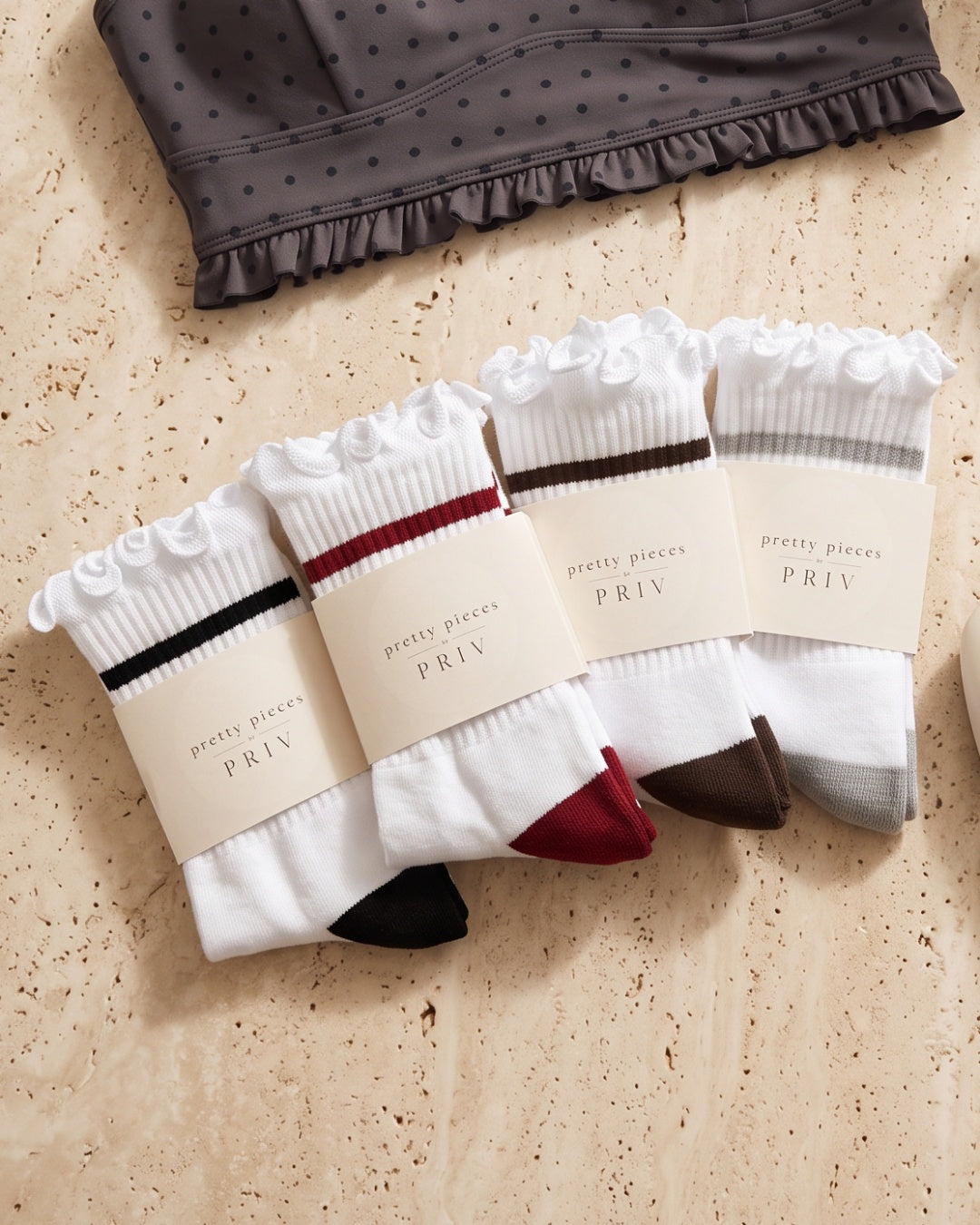 Stripe Ruffle Top Socks in Black, Wine, Espresso and Grey in their gift bands – PRIV