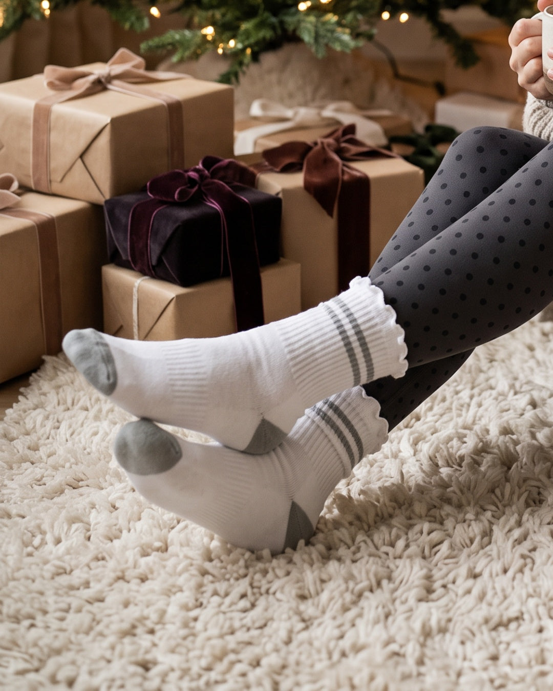 Stripe Ruffle Top Socks in Grey by the Christmas tree – PRIV