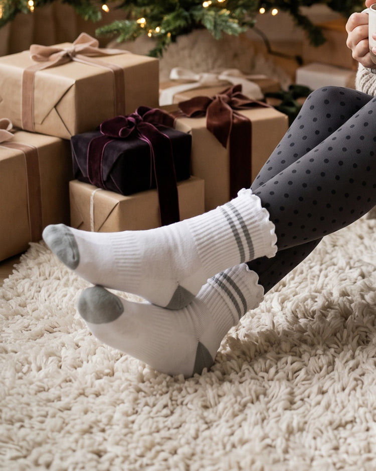 Stripe Ruffle Top Socks in Grey by the Christmas tree – PRIV